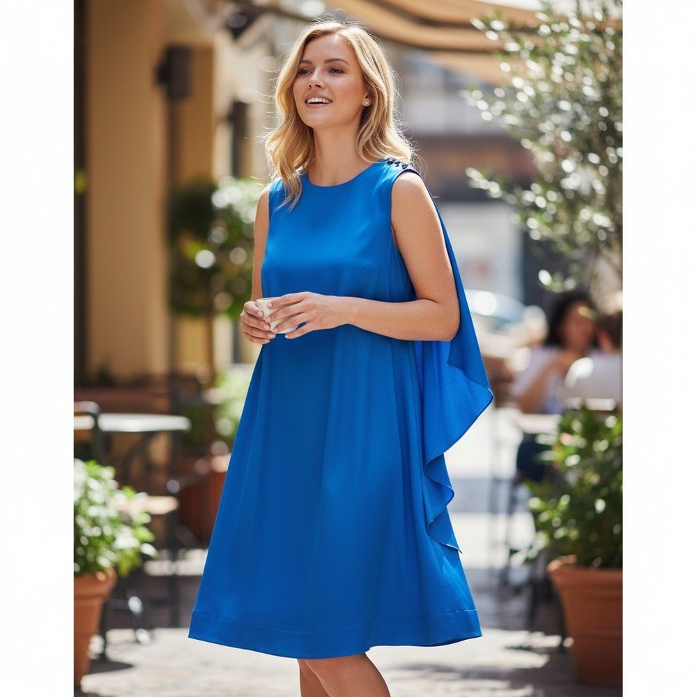 Ted Baker Shift Dress Women 2 Blue Cape Overlay‎ Gold Button Sleeveless Elegant